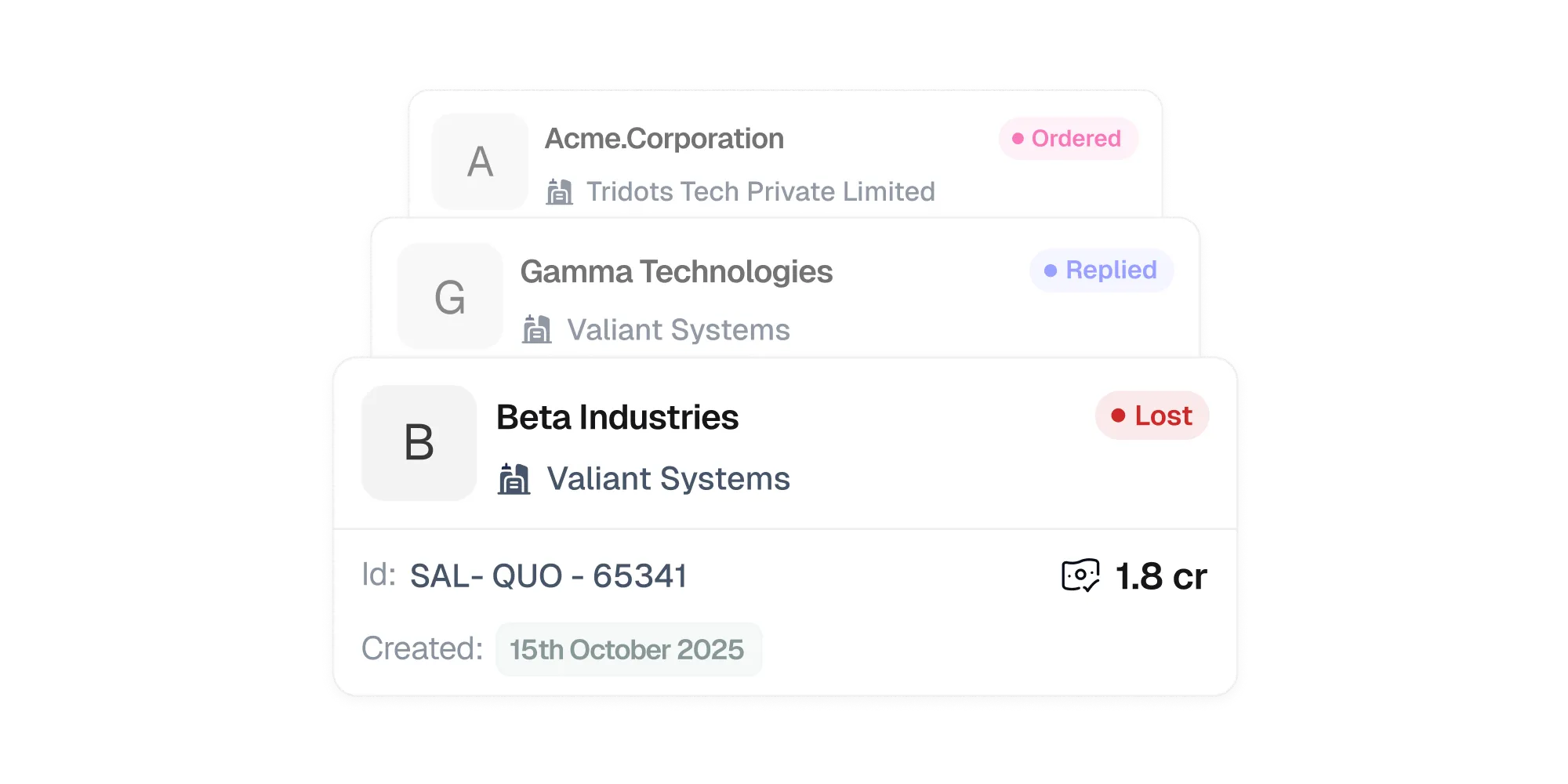 Quotation list showing status, customer name, and deal value.
